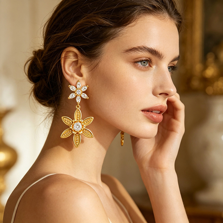ARETE FLOR ZIRCONIA CHAPA DE ORO 18 KT