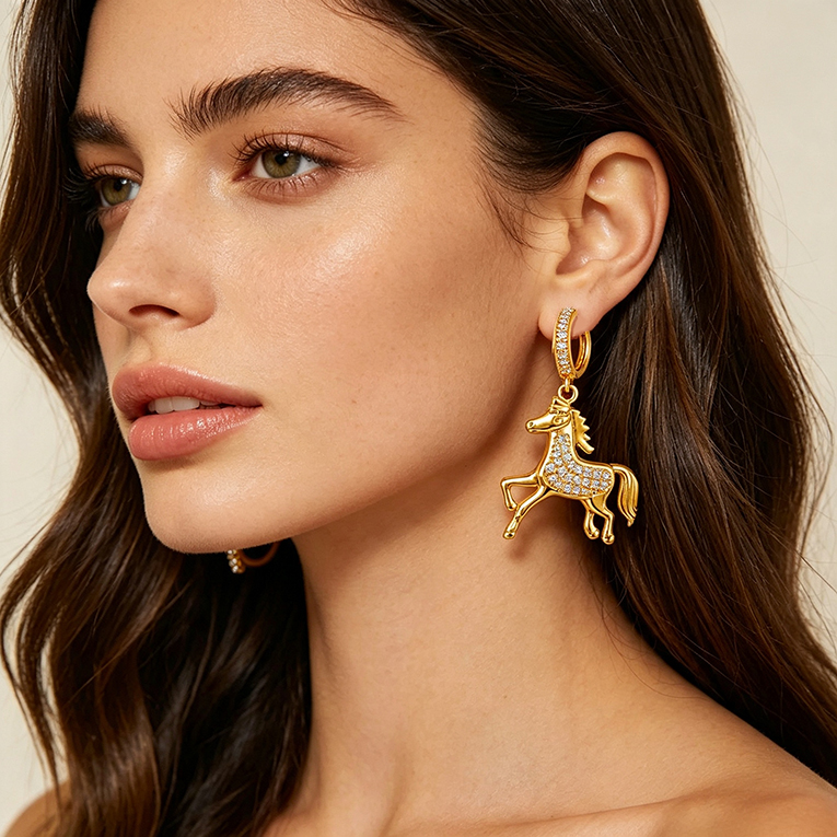 ARETE CABALLO MICROZIRCONIA CHAPA DE ORO 18 KT